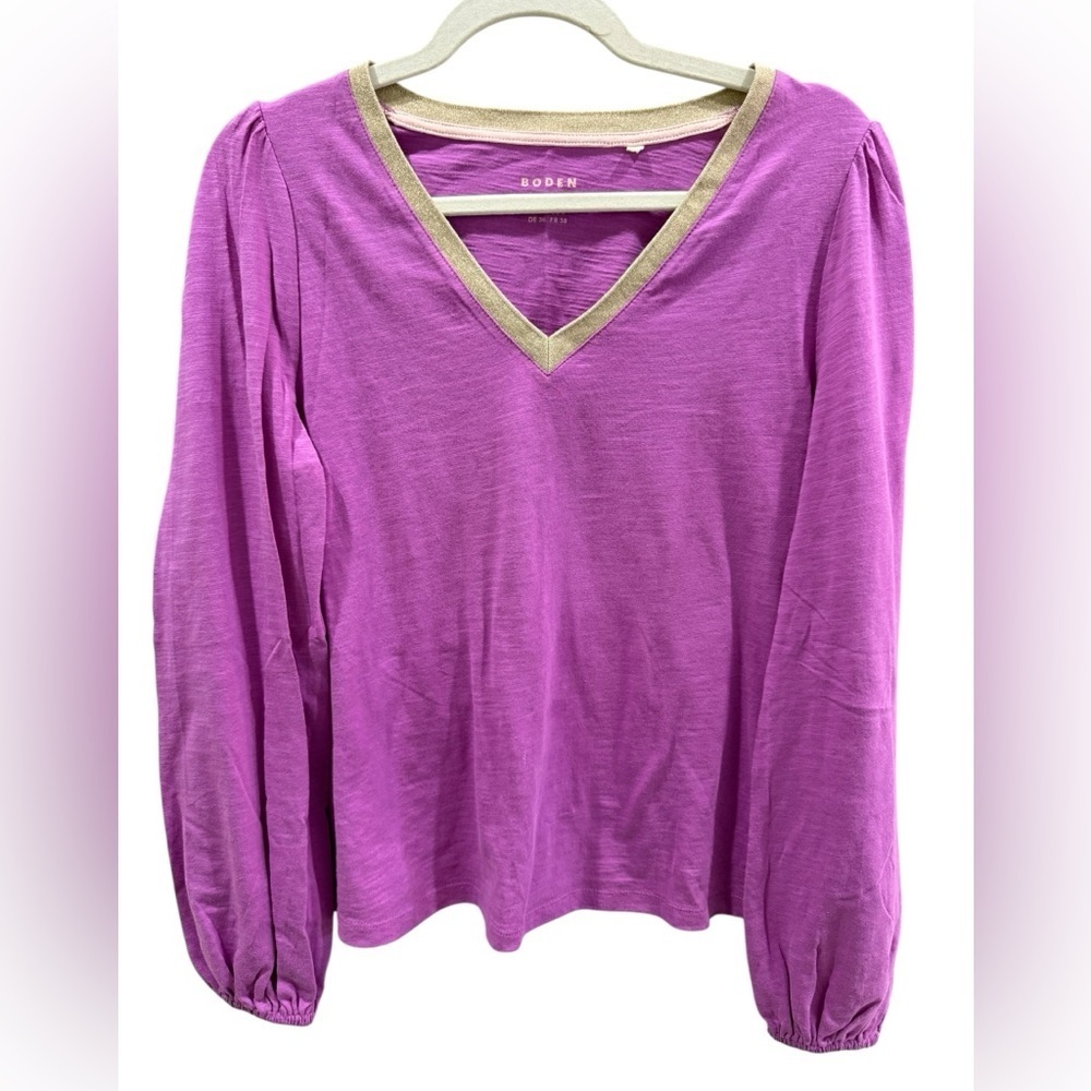 Boden V-Neck Long Sleeve Top Size US 6 purple metallic trim excellent condition - Picture 4 of 8